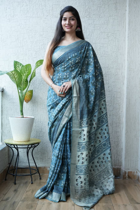 HAND BLOCK BAGRU PRINTED ART SILK CHANDERI SAREE WITH BLOUSE (CIH5)