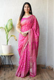 HAND BLOCK BAGRU PRINTED ART SILK CHANDERI SAREE WITH BLOUSE (CIH14)
