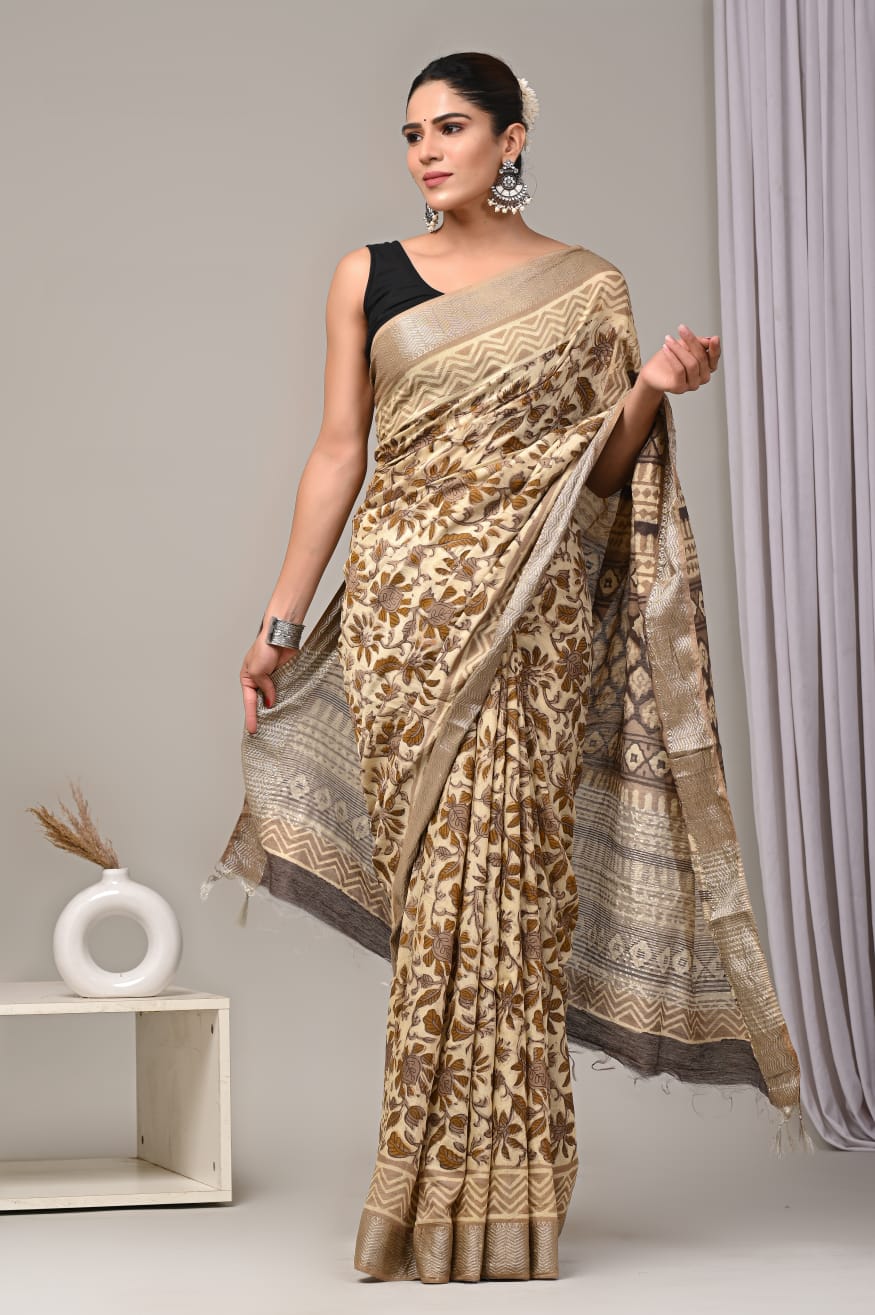 HAND BLOCK BAGRU PRINTED ART SILK CHANDERI SAREE WITH BLOUSE (CIH26)