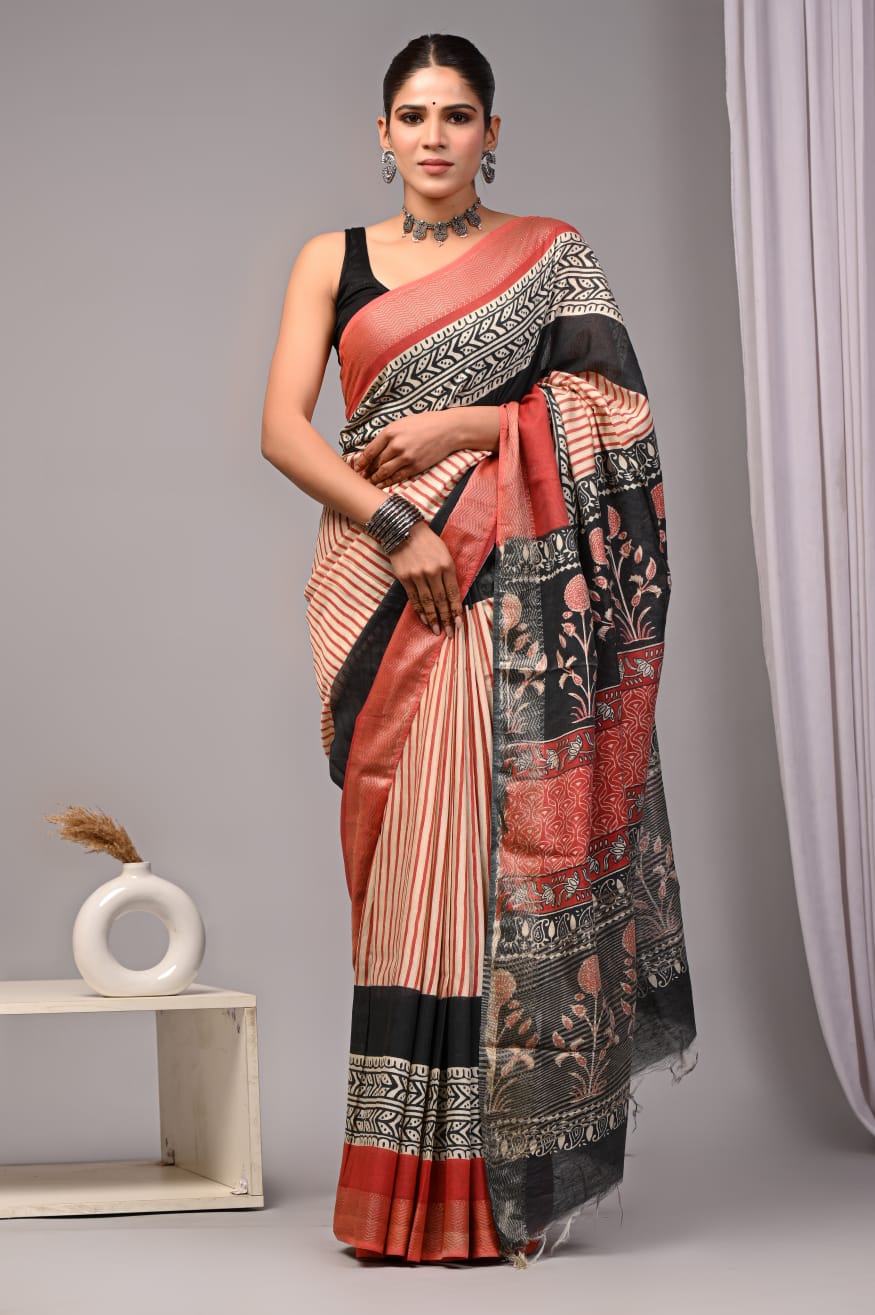 HAND BLOCK BAGRU PRINTED ART SILK CHANDERI SAREE WITH BLOUSE (CIH29)