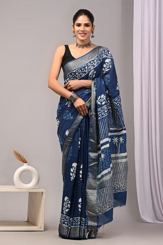 HAND BLOCK BAGRU PRINTED ART SILK CHANDERI SAREE WITH BLOUSE (CIH34)