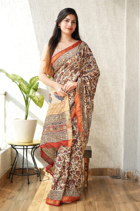Jaipuri Hand Block Bagru Printed Maheshwari Silk Saree With Blouse (MSS2)