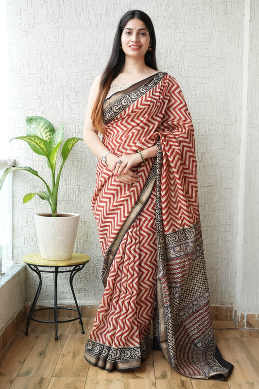 Jaipuri Hand Block Bagru Printed Maheshwari Silk Saree With Blouse (MSS41)