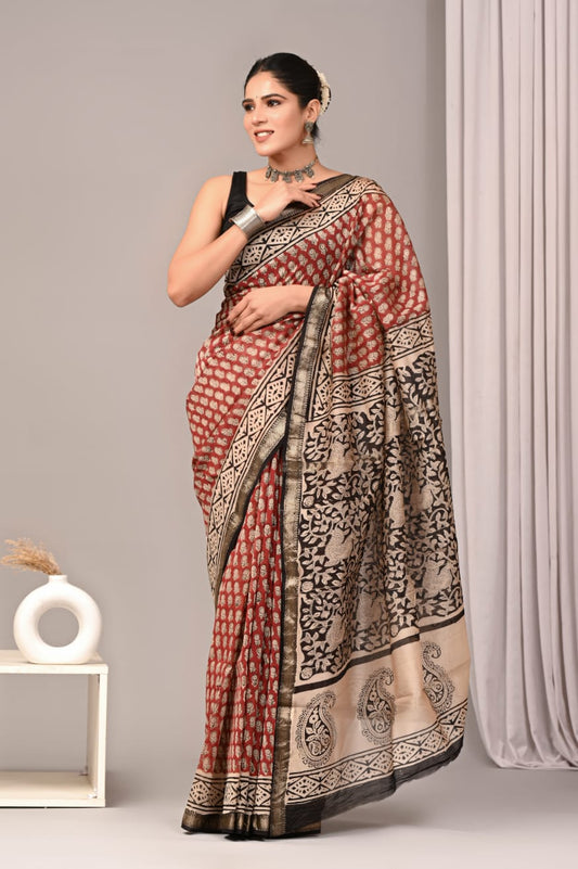 Jaipuri Hand Block Bagru Printed Maheshwari Silk Saree With Blouse (MSS54)