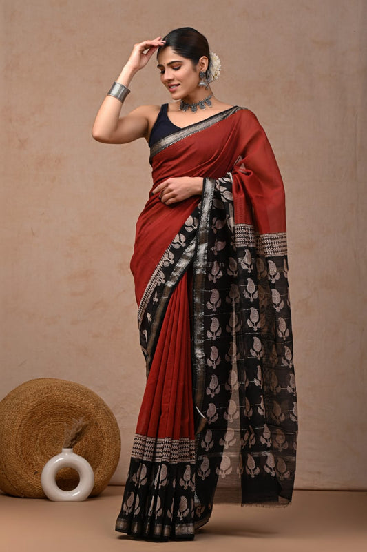 Jaipuri Hand Block Bagru Printed Maheshwari Silk Saree With Blouse (MSS55)