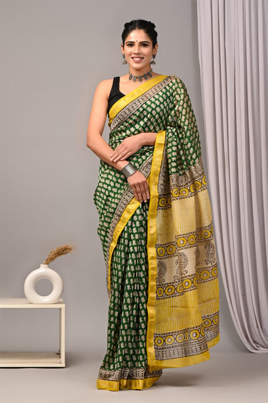 Jaipuri Hand Block Bagru Printed Maheshwari Silk Saree With Blouse (MSS56)