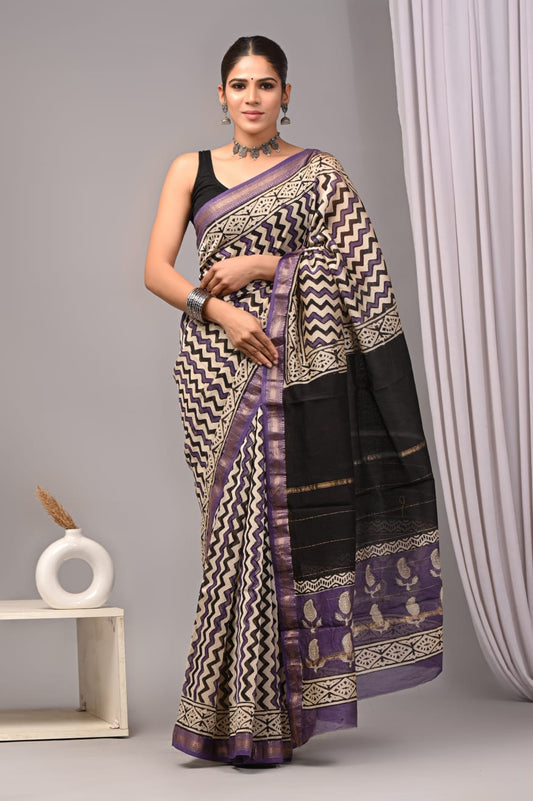 Jaipuri Hand Block Bagru Printed Maheshwari Silk Saree With Blouse (MSS67)