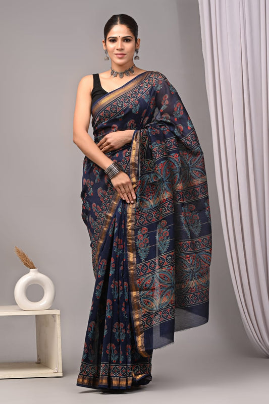 Jaipuri Hand Block Bagru Printed Maheshwari Silk Saree With Blouse (MSS59)