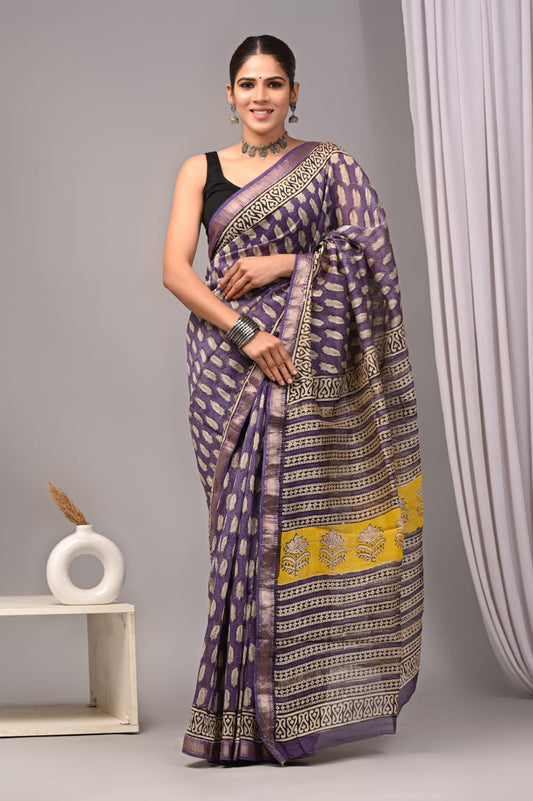 Jaipuri Hand Block Bagru Printed Maheshwari Silk Saree With Blouse (MSS69)