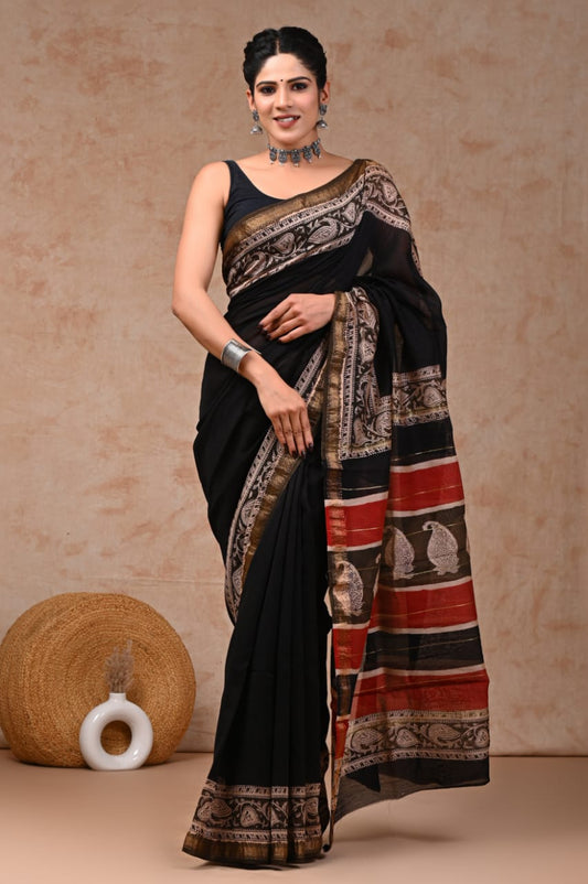 Jaipuri Hand Block Bagru Printed Maheshwari Silk Saree With Blouse (MSS73)