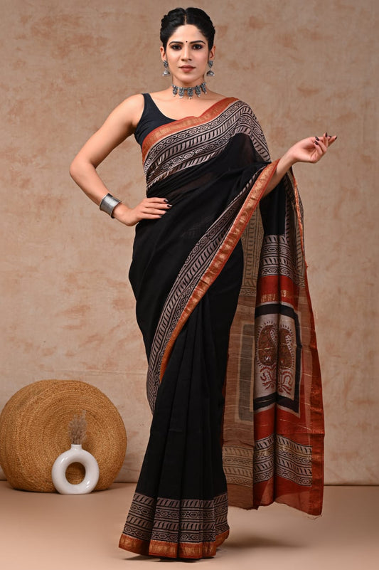 Jaipuri Hand Block Bagru Printed Maheshwari Silk Saree With Blouse (MSS74)