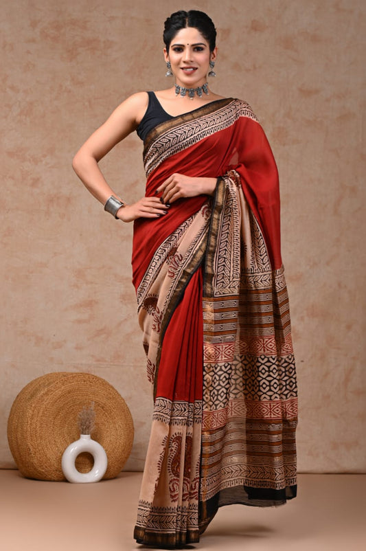 Jaipuri Hand Block Bagru Printed Maheshwari Silk Saree With Blouse (MSS75)