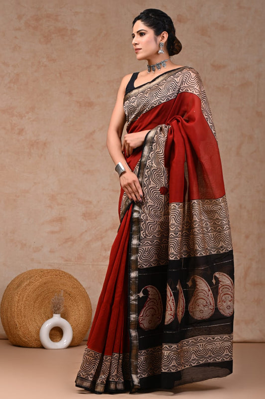 Jaipuri Hand Block Bagru Printed Maheshwari Silk Saree With Blouse (MSS76)