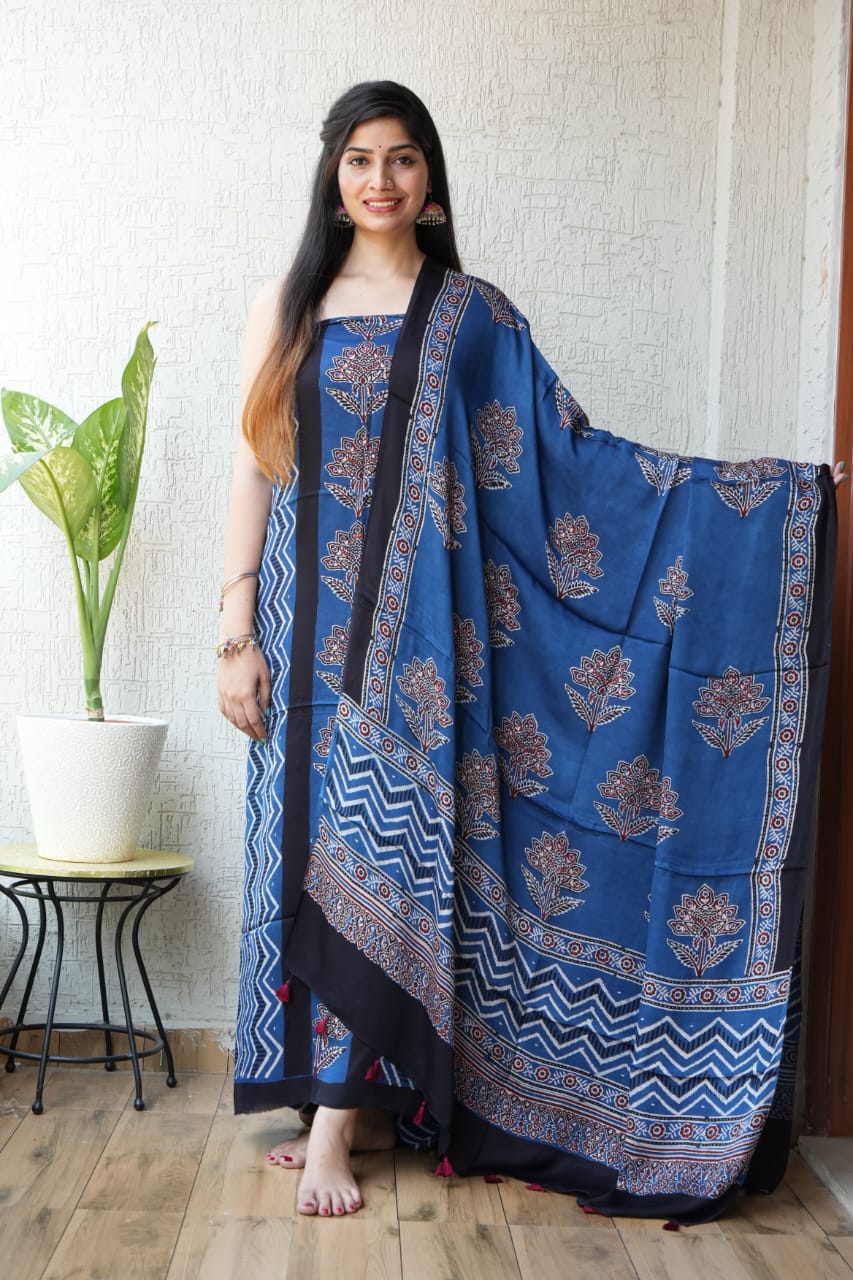 Vanaspati Ajrakh Hand Block Printed Suits Modal Silk Fabric (CIT11)