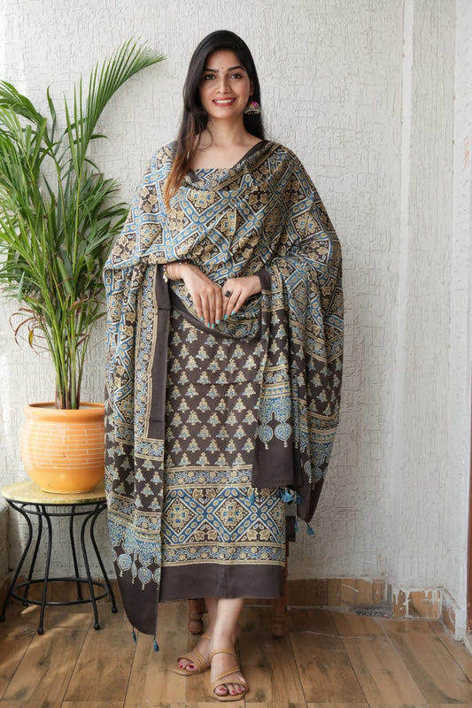 Vanaspati Ajrakh Hand Block Printed Suits Modal Silk Fabric (CIT14)