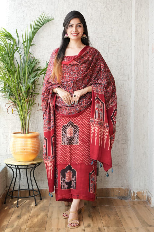 Vanaspati Ajrakh Hand Block Printed Suits Modal Silk Fabric (CIT15)