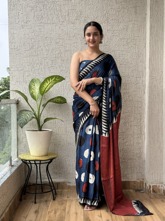 Ajrakh Hand Block Bagru Vanspati Printend Modal Silk Saree with Blouse (CID34)