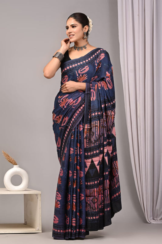 Ajrakh Hand Block Bagru Vanspati Printend Modal Silk Saree with Blouse (CID38)