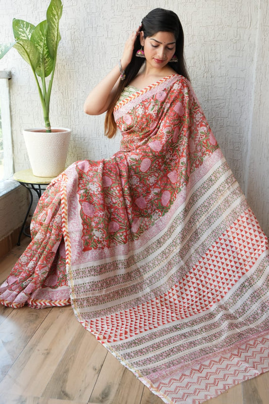 Bagru Hand Block Printed Chanderi Silk Saree with Blouse (CSS28)