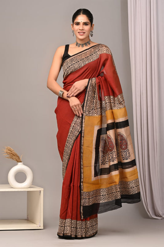 Bagru Hand Block Printed Chanderi Silk Saree with Blouse (CSS36)
