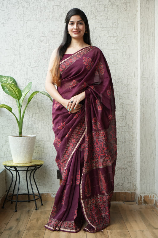 Bagru Hand Block Printed Chanderi Silk Saree with Blouse (CSS53)
