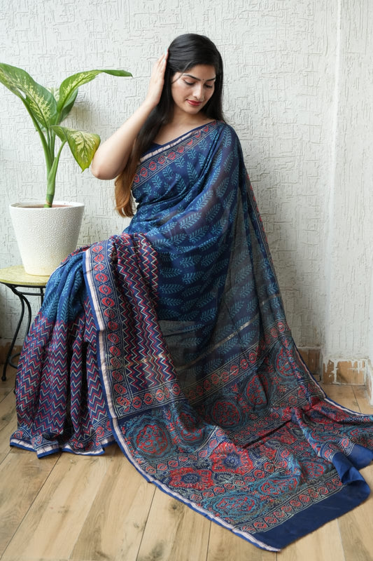 Bagru Hand Block Printed Chanderi Silk Saree with Blouse (CSS52)
