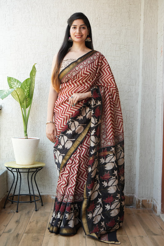 Jaipuri Hand Block Bagru Printed Maheshwari Silk Saree With Blouse (MSS3)