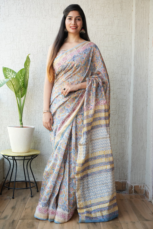 Jaipuri Hand Block Bagru Printed Maheshwari Silk Saree With Blouse (MSS12)