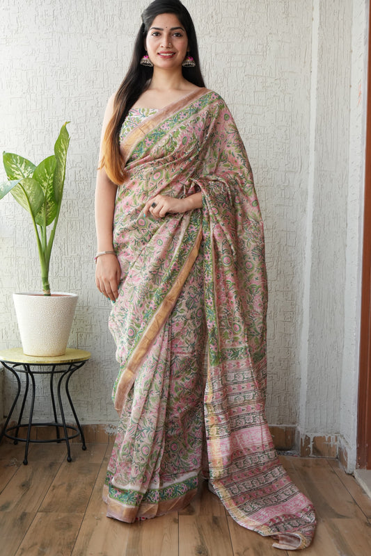 Jaipuri Hand Block Bagru Printed Maheshwari Silk Saree With Blouse (MSS15)