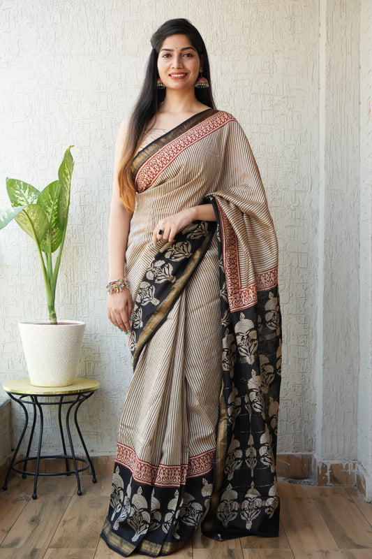 Jaipuri Hand Block Bagru Printed Maheshwari Silk Saree With Blouse (MSS16)