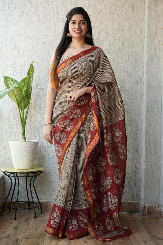 Jaipuri Hand Block Bagru Printed Maheshwari Silk Saree With Blouse (MSS24)