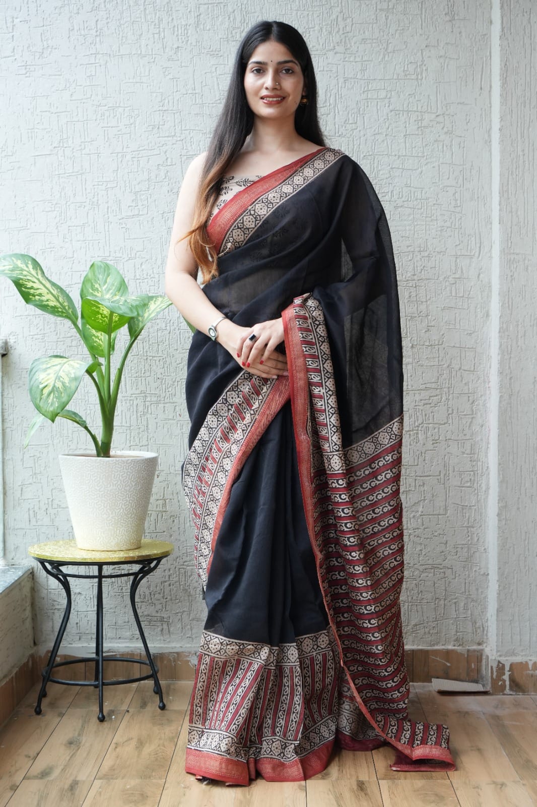 Jaipuri Hand Block Bagru Printed Maheshwari Silk Saree With Blouse (MSS30)