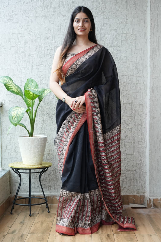 Jaipuri Hand Block Bagru Printed Maheshwari Silk Saree With Blouse (MSS30)
