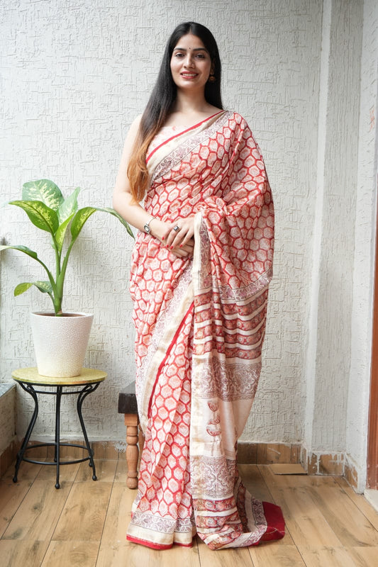 Jaipuri Hand Block Bagru Printed Maheshwari Silk Saree With Blouse (MSS40)