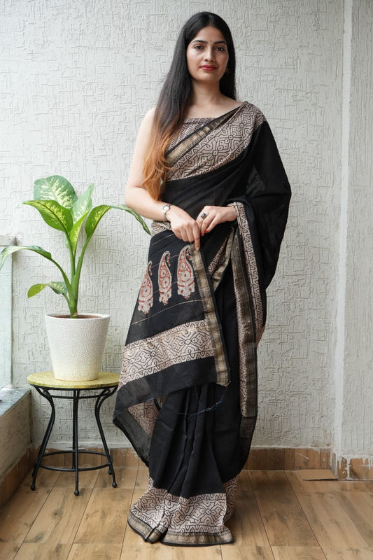 Jaipuri Hand Block Bagru Printed Maheshwari Silk Saree With Blouse (MSS42)