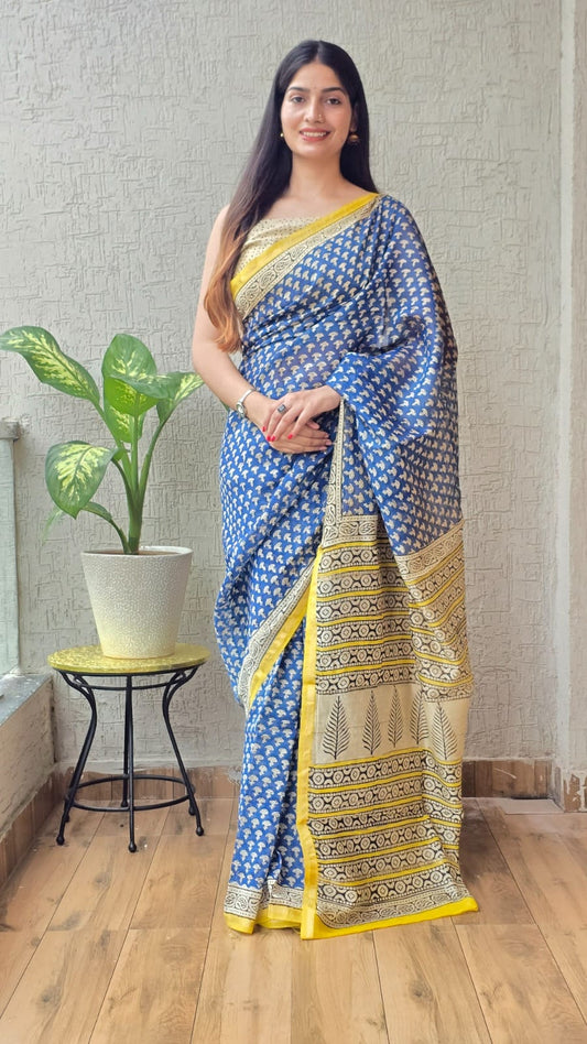 Jaipuri Hand Block Bagru Printed Maheshwari Silk Saree With Blouse (MSS43)