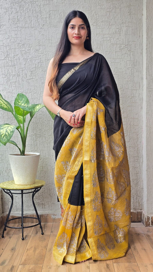 Jaipuri Hand Block Bagru Printed Maheshwari Silk Saree With Blouse (MSS47)