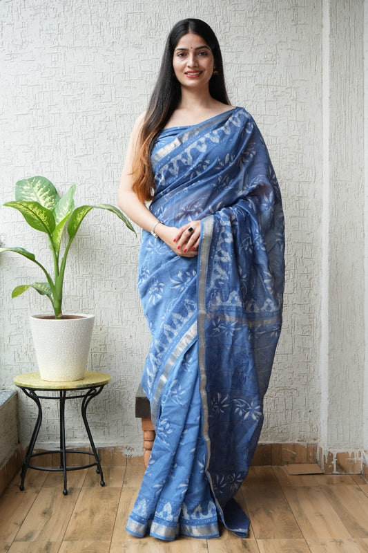 Jaipuri Hand Block Bagru Printed Maheshwari Silk Saree With Blouse (MSS50)