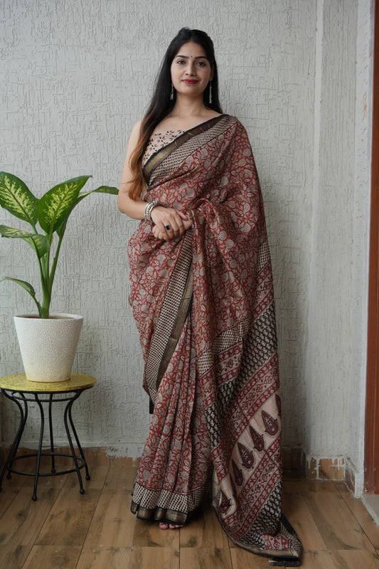 Jaipuri Hand Block Bagru Printed Maheshwari Silk Saree With Blouse (MSS57)