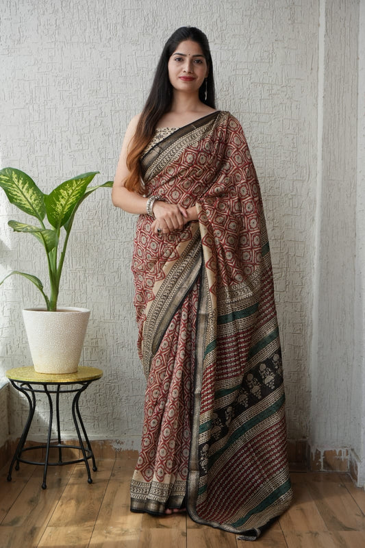 Jaipuri Hand Block Bagru Printed Maheshwari Silk Saree With Blouse (MSS77)