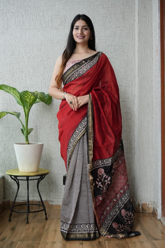 Jaipuri Hand Block Bagru Printed Maheshwari Silk Saree With Blouse (MSS78)