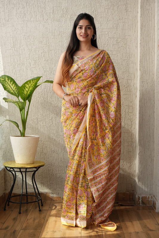 Jaipuri Hand Block Bagru Printed Maheshwari Silk Saree With Blouse (MSS80)