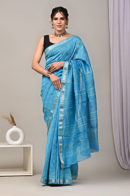 Jaipuri Hand Block Bagru Printed Maheshwari Silk Saree With Blouse (MSS82)