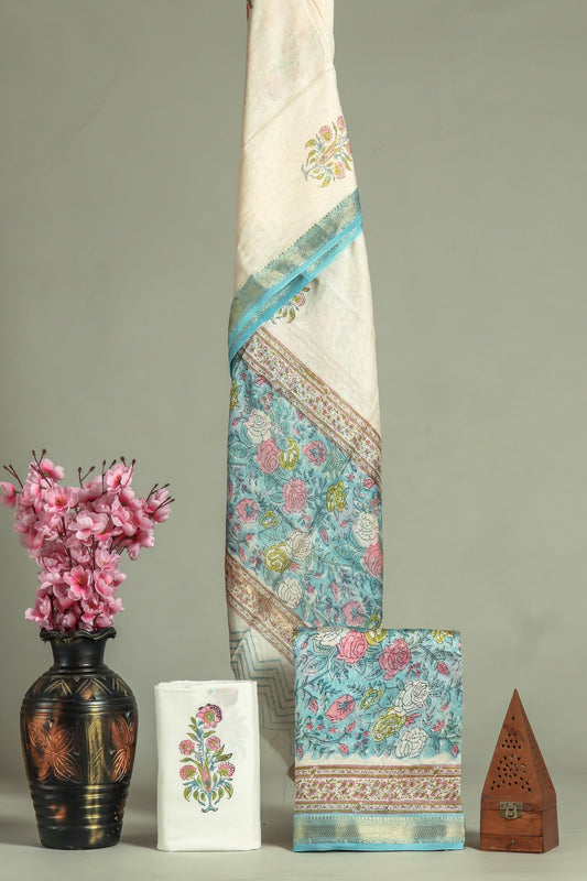 JAIPURI HAND BLOCK PRINTED MAHESHWARI SILK SUIT WITH SILK DUPPATA (MSD41)