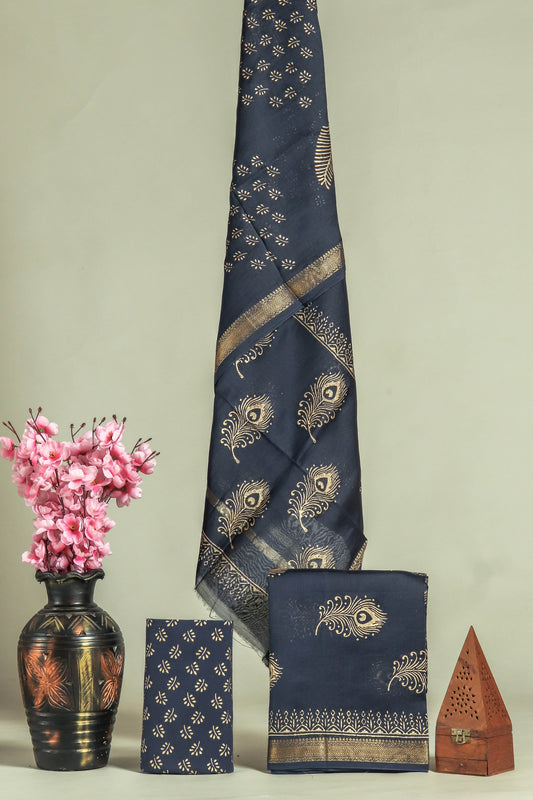 JAIPURI HAND BLOCK PRINTED MAHESHWARI SILK SUIT WITH SILK DUPPATA (MSD44)