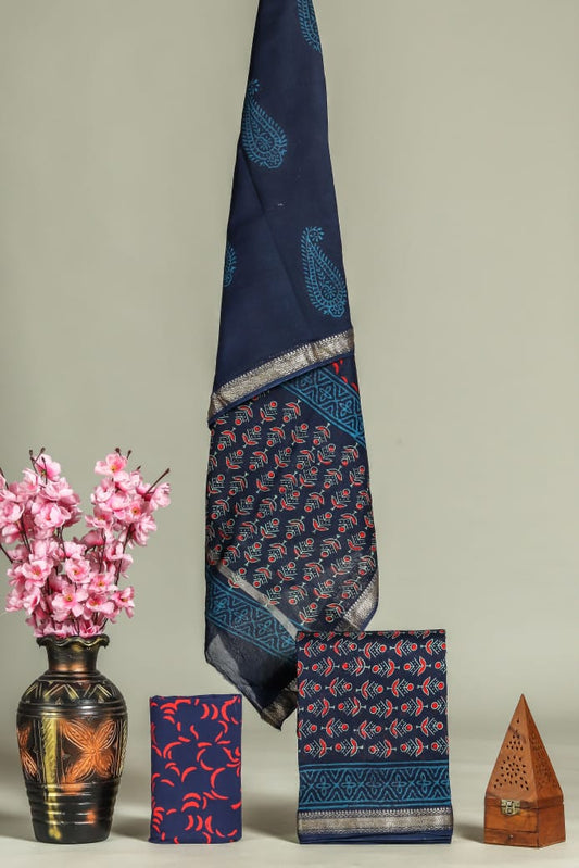 JAIPURI HAND BLOCK PRINTED MAHESHWARI SILK SUIT WITH SILK DUPPATA (MSD48)