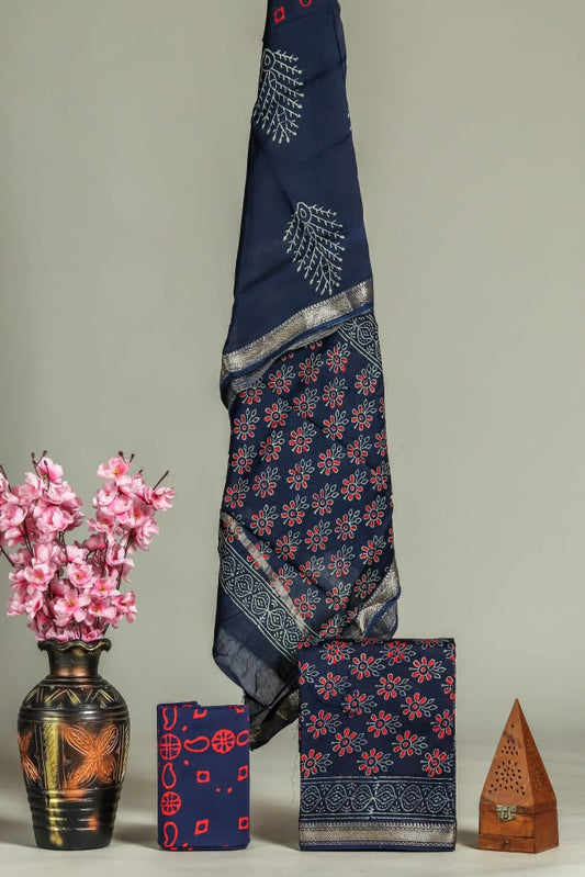 JAIPURI HAND BLOCK PRINTED MAHESHWARI SILK SUIT WITH SILK DUPPATA (MSD59)
