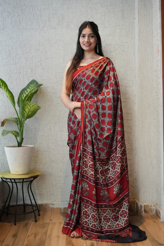 HAND BLOCK PRINTED AJARKH MODAL SILK SAREE (CIG4)