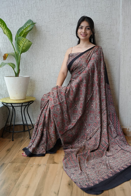 HAND BLOCK PRINTED AJARKH MODAL SILK SAREE (CIG10)