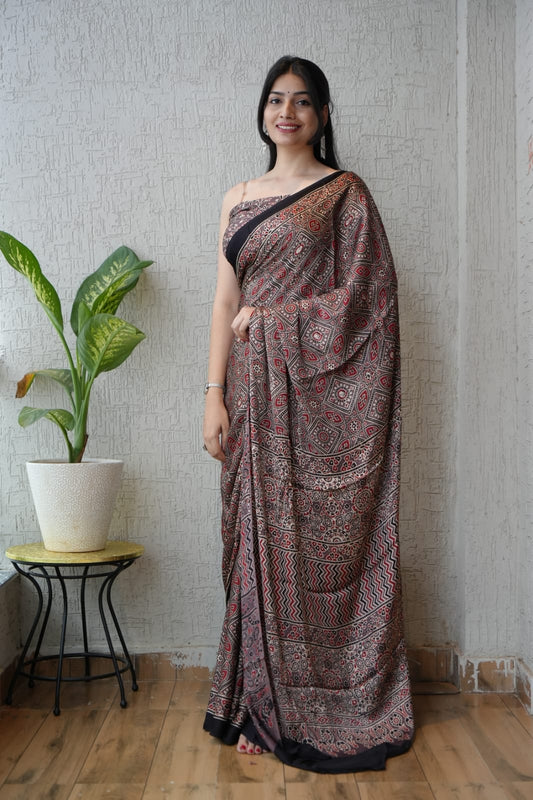 HAND BLOCK PRINTED AJARKH MODAL SILK SAREE (CIG16)